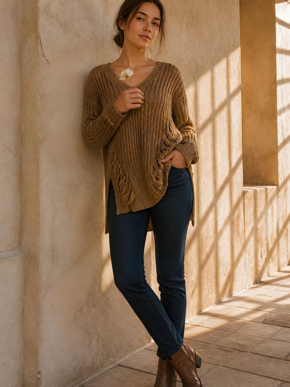 Guess Oversized V-Neck Chunky Knit Sweater - Brown